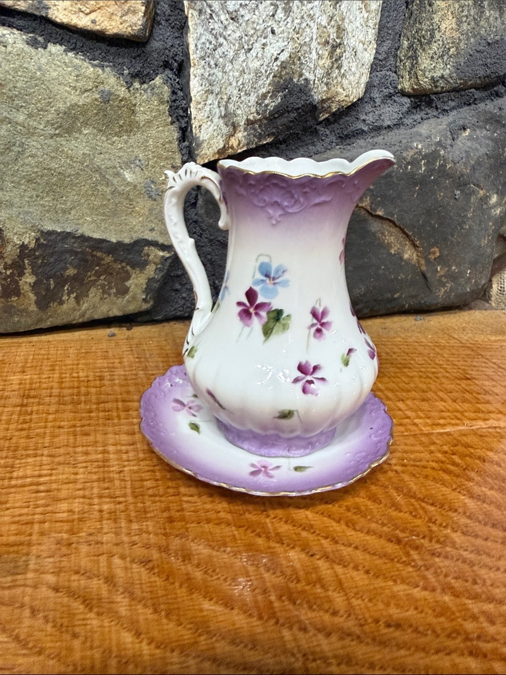 Lavender Hand-Painted Porcelain Pitcher with Saucer
